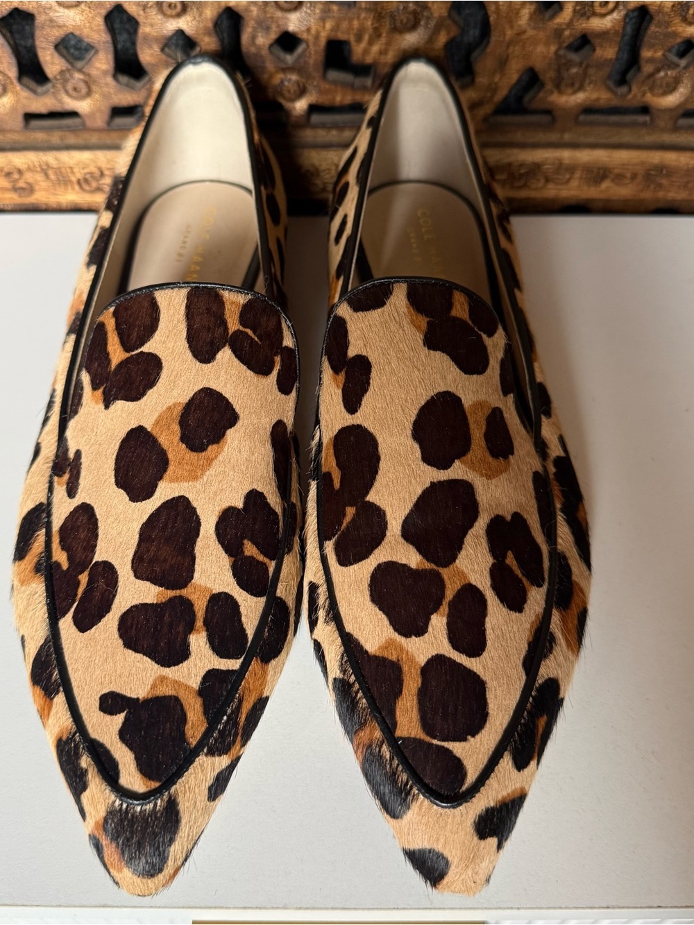 Cole Haan Genuine Calf Hair Leopard Print Pointed Toe Loafers Flats Size 9.5B